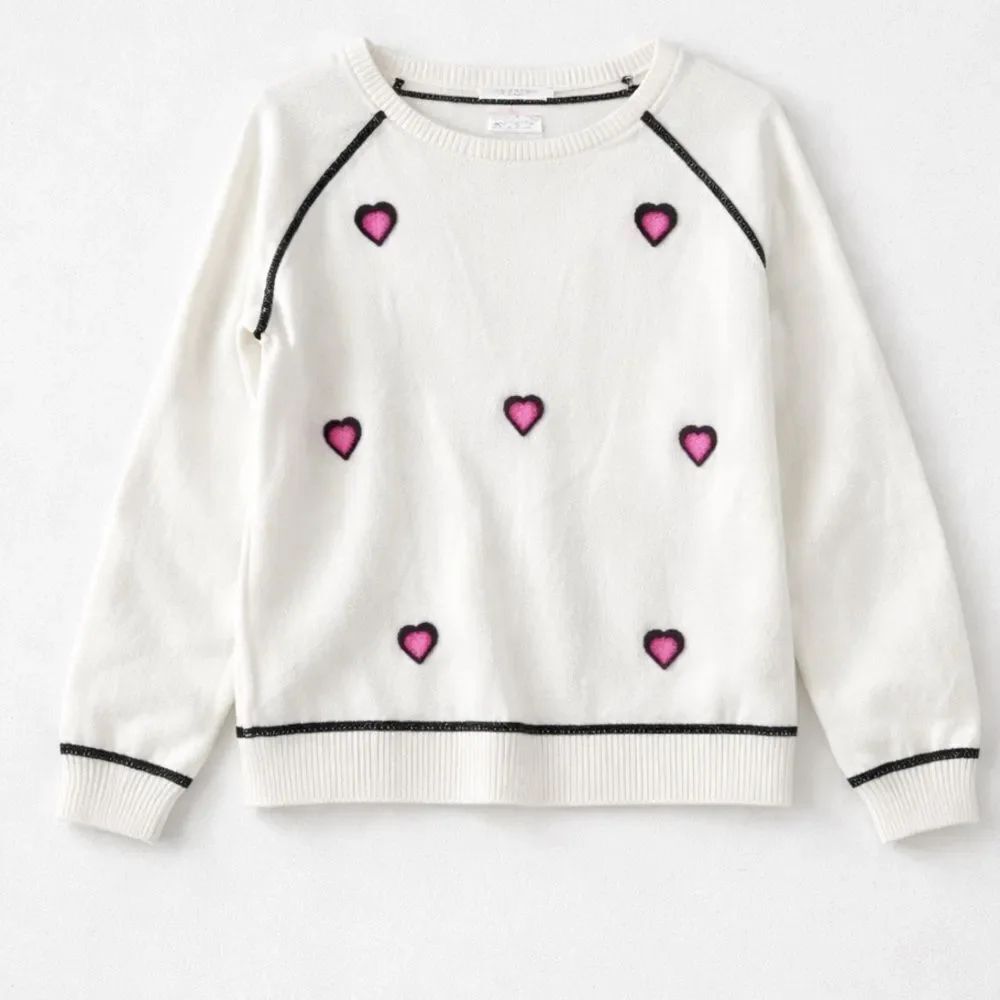 Hanna Andersson white sweater with black and pink heart appliqués EUC size 5